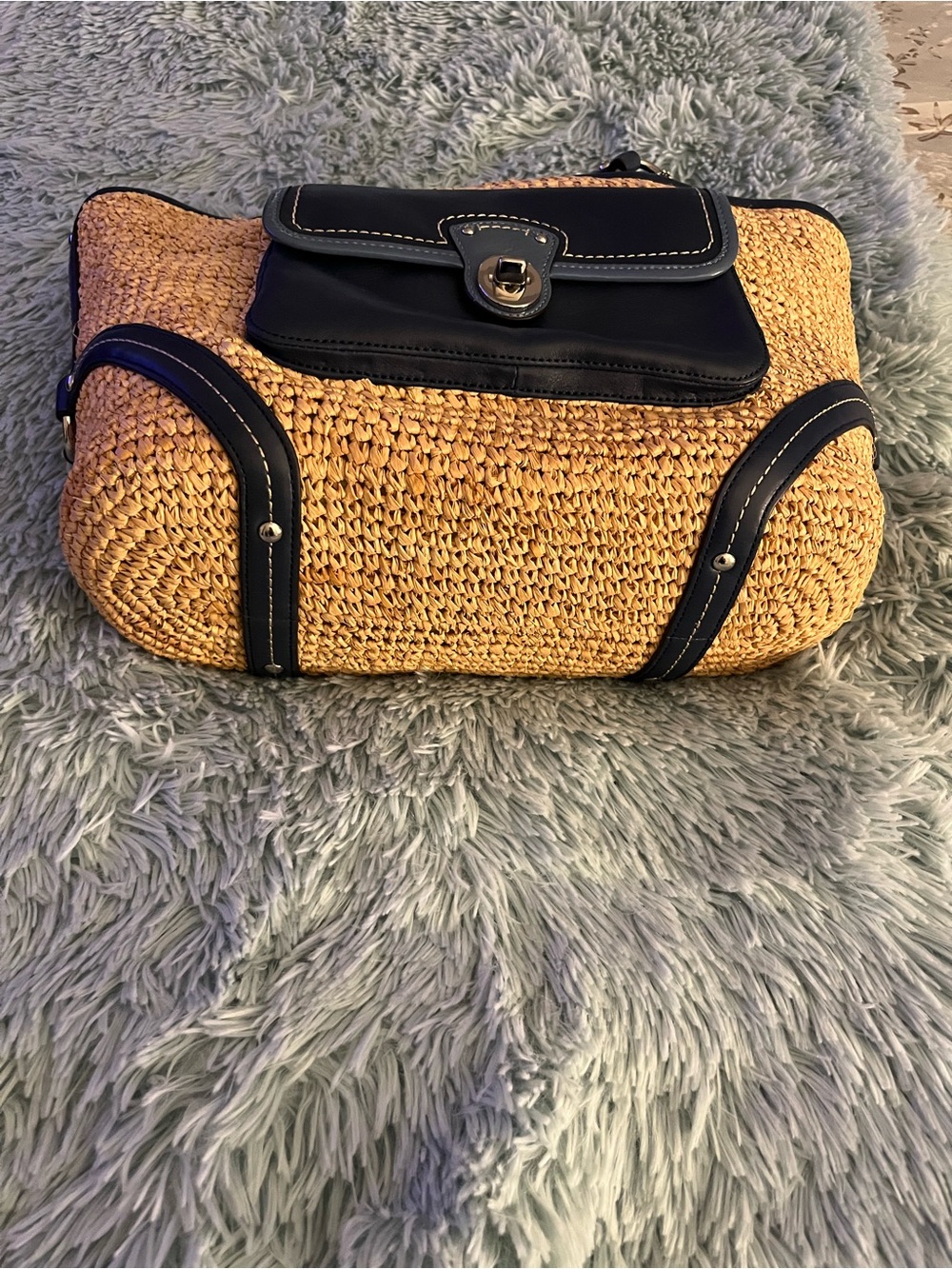 Coach Straw & Leather Legacy Resort Tote Bag w Contrasting Blues EUC - Picture 5 of 13